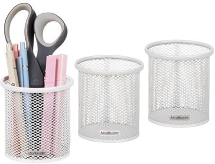 Mind Reader Portapenne e accessori, organizer da scrivania, per ufficio, rete metallica, 8,9 cm di lunghezza x 8,9 cm di larghezza x 9,5 cm di altezza, set da 3, bianco