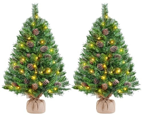 Yaheetech 2Pcs Pre-lit Artificial Mini Christmas Tree, 3ft/92cm Tabletop Small Christmas Tree w/20 Pinecones, 50 Warm White LED Lights, Battery-Operated for Home Party Decor, Green
