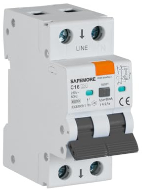 SAFEMORE RCBO FI/LS-Schalter 16A 30mA Typ A, 1P+N, 6kA, Kurve C, 230V – Fehlerstromschutzschalter mit Überlast- & Kurzschlussschutz, Hutschienenmontage
