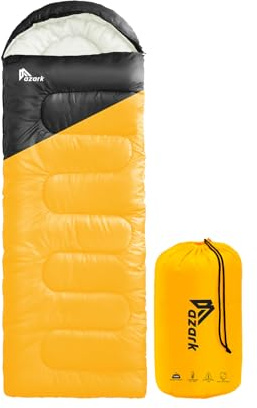 azark Premium Lightweight Sleeping Bag for Adults & Kids,400 GSM, 4 Season Waterproof Sleeping Bag, Comfortable & Portable, Machine Washable, Camping & Hiking Essential (Black/Mustard)