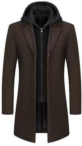 KUDMOL Abrigo de Hombre de Lana con Capucha Desmontable Cálido Largo Trench-Coat para Invierno Cabán Parka Hombre Slim Fit, café, L