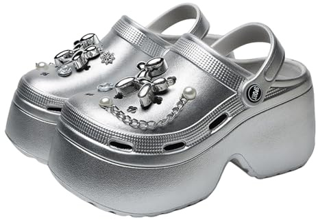 Aislor Womens Girls Platform Clogs High Platform Clog Sandals Classic Comfortable Slip-on Sandals Silver 37/38