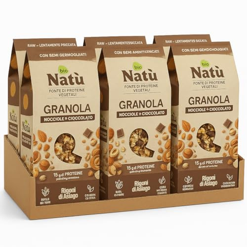 6 Confezioni Porridge o Granola Bio 250g – Nocciole e Cioccolato/Mandorle e Mirtilli Rossi – Fonte di Proteine Vegetali, Ricchi di Fibre (Nocciole e Cioccolato (Granola))