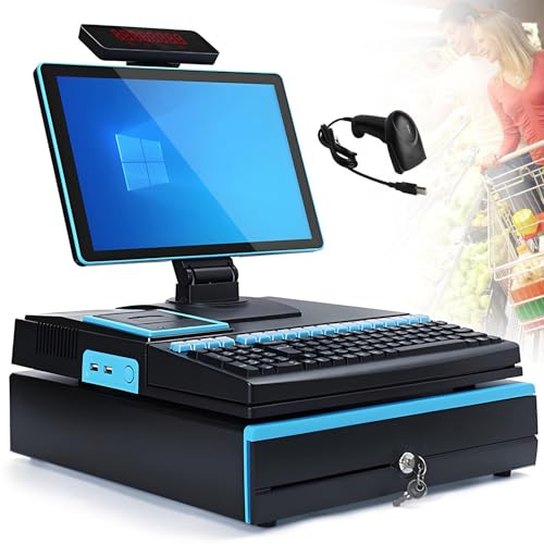 Elektronisk kassaregister, 15,6'' LED-pekskärm, POS-terminal med handhållen skanner, 101 tangenter, kassaregistertangentbord, 58 mm termisk skrivare, kassalåda med dubbel skärm Blue-SingleScreen