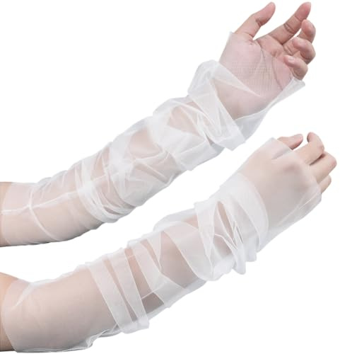 CREATCABIN Guantes Largos Blancos de Boda con Mangas de Tul Desmontables Guantes de Novia Sin Dedos de Malla Guantes Transparentes hasta el Codo para Mujer Accesorios Bodas Ópera Fiestas 75x12.5cm