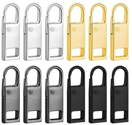 Spare Zipper Pulls, 12 PCS Metal Zipper Pull Tabs, Removable Replacement Sliders for Clothes, Luggage and Bags