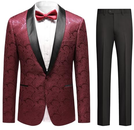 Allthemen Costume Jacquard Homme 2 Pièces Elegant Chic Smoking à Un Bouton à Col Châle Soiree Veste et Pantalon Rouge L
