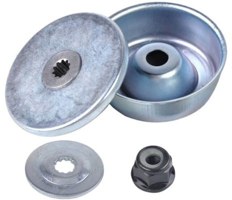 EasyByMall Kit de fijación de cuchillas de metal para desbrozadoras FS120, F 00, F 50 - Tuerca de cuello M10x1 L/H, placa de conductor, arandela de empuje, arandela de protección (4 piezas)