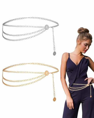 IPNSDON Due cinture a catena da donna multistrato, catene regolabili, perfette da abbinare ad abiti in denim, catene per la pancia in oro e argento, 96 cm.