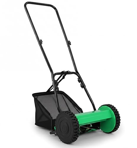 GYMAX Cortacésped Manual, Segadora de Hierba con Ancho de Corte de 30 cm, Altura de Corte Ajustable, Caja Recogedora de 18,5 L, 2 Ruedas y Mango en U, Cortadora de Césped para Patio (Verde)