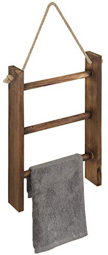 MyGift Rustic Dark Brown Wood Wall Hanging 3 Tier Hand Towel Ladder Rack, Bathroom Towel Storage Rack with Top Rope