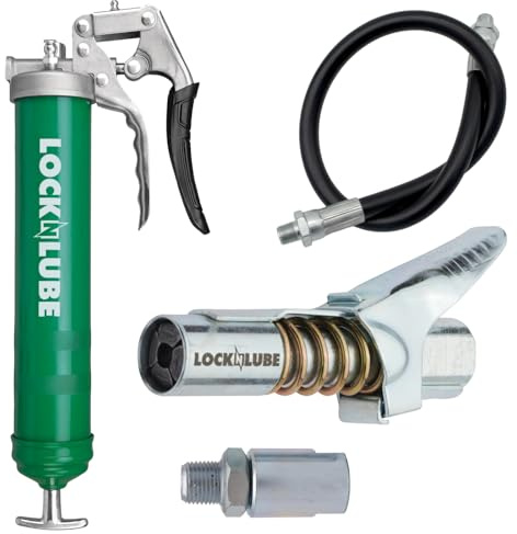 LockNLube kraftig pistol-grepp fettpistol. Inkluderar vår patenterade LockNLube fettkopplare (låses på, stannar på, kommer inte att läcka!) Plus en högkvalitativ 50,8 cm slang och in-line
