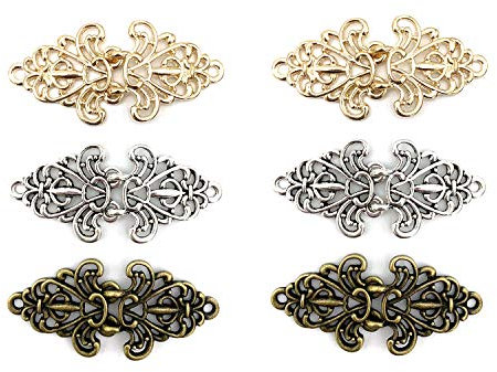 CAREOR 6 Paar Wirbel-Blumen-Umhang-Verschlüsse zum Aufnähen, Haken für Strickjacken, Kleidung, Mäntel, Jacken, Hosen, Gold & Silber & Kupfer