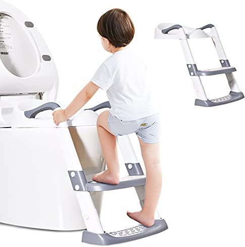 Balakaka Toilettensitz Kinder, Toilettensitz Kinder mit Treppe Tragbarer Training Töpfchensitz für Kinder Höhenverstellbar, Abnehmbares PU-Kissen,Rutschfester,WC Leiter Kinder Kinder Toilettensitze