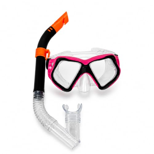 Set de Gafas de Buceo con Tubo Snorkel | Máscara de Buceo con Lentes de Policarbonato y Correa Ajustable | Kit Snorkel Sin Látex para Playa, Piscina y Vacaciones | Color Negro/Rosa