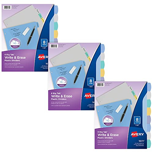 Avery Big Tab Write & Erase Durable Plastic Dividers for 3 Ring Binders, 8-Tab Sets, Pastel Colors, 3 Sets of Binder Dividers, Great for Organizing Reports, Presentations, and More (31351)