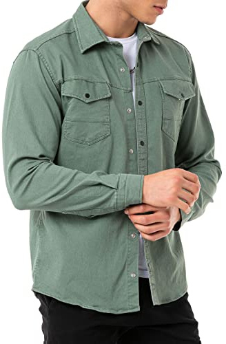 Red Bridge Camisa vaquera para hombre, informal, con bolsillo en el pecho, caqui, S
