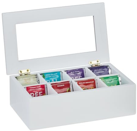 Relaxdays Teebox, 8 Fächer, Bambus, HBT: 9x28x16 cm, für Tee & Kaffeepads, Teekasten mit Deckel, staubgeschützt, weiß