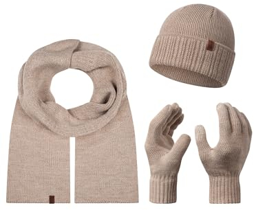 Rock Creek Winter Mütze mit Bommel Schal Set Geschenkset Wintermütze Winterschal Winterhandschuhe Herrenmütze Damenmütze U-104 Beige Einheitsgröße