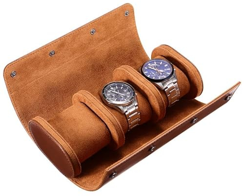 HATOFES Watch Box for Men - Watch Roll Case 3 Slot Leather Watch Case Organizer with Removable Watch Pillows, Luxury PU Material Vintage Watch Display Case Storage for Watch Jewelry