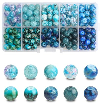 Pietre naturali 200 perline di vetro crackle da 8 mm, perline rotonde colorate in vetro per la creazione di gioielli e decorazioni fai da te, serie blu mare con gradiente di colore