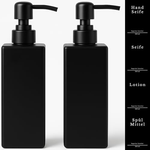 Tvålpump glas svart matt 2 stycken, 350 ml med pump av rostfritt stål – diskmedelsdispenser för kök – tvåldispenser för badrum (set med dispenser i rostfritt stål)