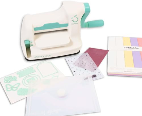 Craftelier - Kit di mini fustellatrice Minty Cut + Materiali | Compatibile con fusti metallici sottili e cartelle di Embossing | Dimensioni delle piastre 16,5 x 7,5 cm | Dimensioni macchina 20,5 x 9 x