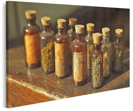 islandburner Image sur toile - Vieilles bouteilles de pharmacie avec herbes et épices - Pour cuisine, cuisiniers amateurs, épicerie - Images murales