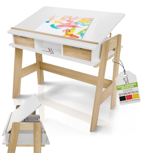 Juskys Kinderschreibtisch Fietje Plus - Neigungs- & höhenverstellbarer Schreibtisch für Kinder - aus Holz, 2 Schubladen, Stauraum - Lerntisch in Weiß