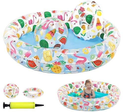 SilverChry Piscina Gonfiabile Bambini, Piscinetta Gonfiabile Bambini, Hawaii Piscinetta Neonato Spiaggia à Double Anneau con anelli da nuoto e palline, Estivi Giardino Esterno Piscina Baby 122x25 cm