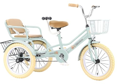 SRNSAEB Pink Gray Green Yellow 3-Wheel Bikes Carrying Passengers, Three Wheel Cruiser Bike Two-Seater Children Tricycle, Double Twins Toy Bicycle with Adjustable Height Seats & Handle(Green,18in)