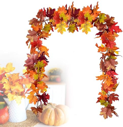 Herbst Girlande Ahornblätter, 2er-Pack künstliche Herbstgirlande Ahornblatt 1,8 m/Stück Herbstdekor Herbst-Erntedankdekor Einfaches Aufhängen für Kaminsims und Tisch