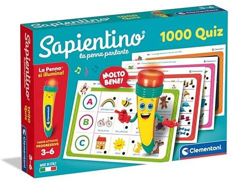 Clementoni Sapientino - La Stylo Parlante 1000 Quiz, Jeu Éducatif avec Stylo Interactif pour Enfants 3-6 Ans, Cartes pour Apprendre Lettres, Chiffres et Mots, Fabriqué en Italie, Langue Italienne
