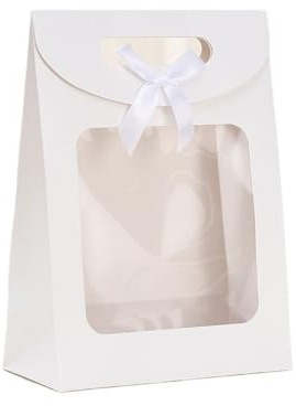 Bolsa de Regalo con Ventana Transparentes 25 bolsas de regalo con ventana transparente, papel kraft asa, for dulces, galletas, pasteles, etc(White,14x20x7cm)