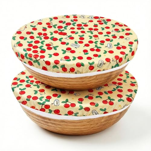 Reusable Beeswax Bowl Covers, Cherry Pattern, Organic Cotton, Natural Beeswax, 12 Inches, 2 Pack Large, Elastic Cloth Caps for Bread Proofing Baskets and Mixing Bowls.