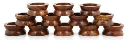 Ajuny Servilleteros de Madera – Juego de 12 Aros Hechos a Mano (1,5) Diseño Tambor de Potencia– Anillos para Servilletas para Bodas, Fiestas, Mesa de Comedor, Cocina y Decoración del Hogar