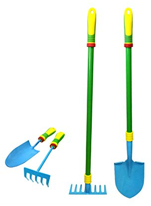 Kinder-Gartengeräte Set mit echten Stabilen Stahlköpfen und Gartengeschenken für Kinder Umfassen Kelle, Grubber, Rechen, Schaufel