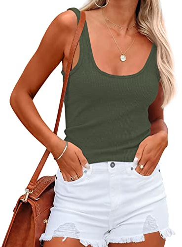 NONSAR Camiseta de verano sin mangas para mujer - Camiseta elástica - Corte ajustado, Verde militar., M