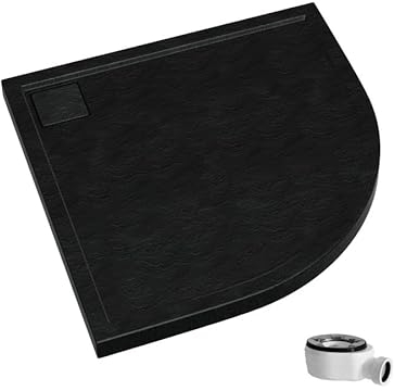ECOLAM® Duschwanne Duschtasse flach Omega Black Stone Viertelkreis R55 cm 100x100 x 5 cm / 1,8 cm Tiefe flach Stein Effekt schwarz + Siphon