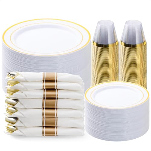BESTVIP 350PCS Gold Plastic Dinnerware Set, Disposable Party Plates for 50 Guests, Include: 100 Plastic Plates, 50 Pre Rolled Napkins with Gold Silverware, 50 Cups