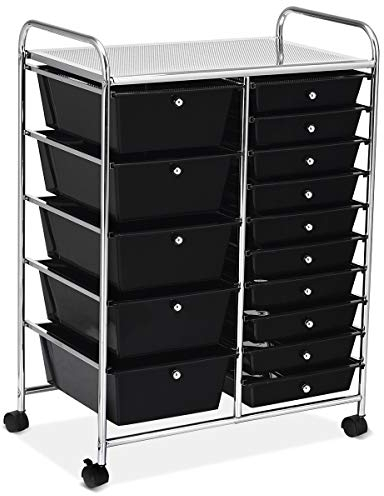 GOPLUS Rollwagen mit 15 stapelbaren Schubladen, Schubladenwagen Farbewahl, Beistellwagen Haushaltswagen Rollcontainer Badrollwagen Badtrolley Badregal (Schwarz)