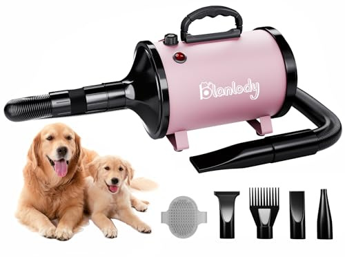 Blanlody Soffiatore per Cani Blower Molto Silenzioso, 4,5 CV/3200 W, velocità Regolabile, Ventilatore per la Cura del Cane con 4 Diversi Ugelli, Tubo Elastico e Spazzola per la Cura