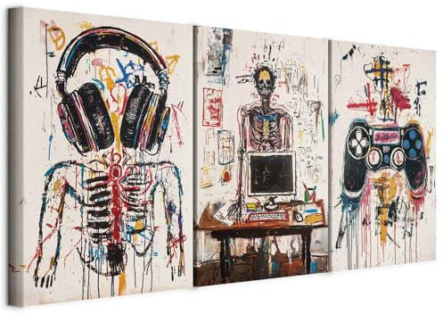 murando - Tableau triptyque ensemble de 3 pièces 120x60 cm – Tableau acoustique panneau insonorisant impression sur toile - Anatomie numérique - Crâne, ordinateur, manette et casque i-H-10014-b-a