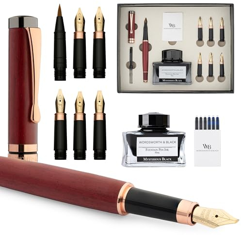 Wordsworth & Black Calligraphy Pen Gift Set, Includes Ink Bottle, 6 Ink Cartridges, Refill Converter, 6 Replacement Nibs, Luxury Bamboo, Journaling, Smooth Writing Pens [Violet Wood]