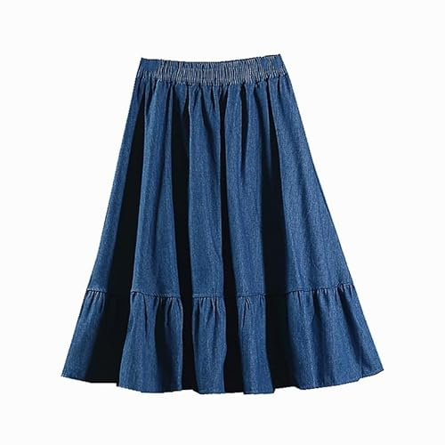 OVJENTSK Jupe Midi Évasée en Jean Élastique Taille Haute pour Femme, Ourlet À Volants, Légère, Respirante, Longueur Genou, Décontractée, pour L'Été, pour Un Usage Quotidien, Bleu, Taille Unique