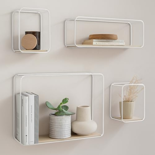 Kazai. Wandregal-Set -Jona- | 4-Teiliges Hängeregal aus Metall und Echtholz-Veneer | Wanddeko und Ablage für Bad, Wohnzimmer, Küche, Schlafzimmer und mehr | Birke, weiß