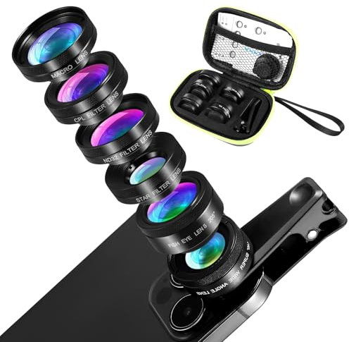 Kit de lente móvil 6 en 1, lente macro móvil, lente ojo de pez 205°, gran angular de 140°, lente macro (25x), lente Starlight Lens, ND32/CPL para smartphones iPhone y Most