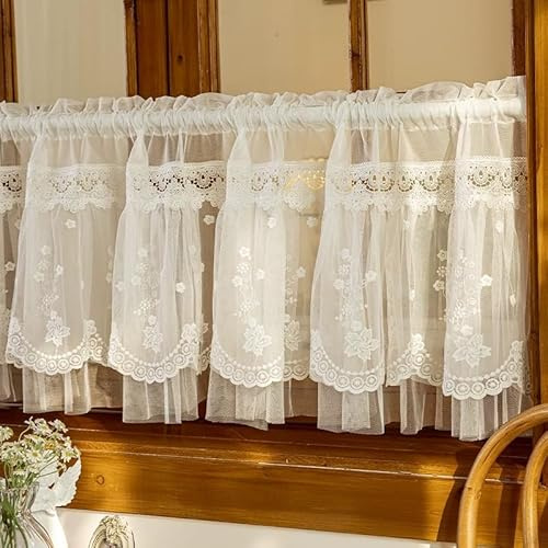 Devola Visillo romántico de encaje, cortina corta con bordado de flores, cortina pequeña para ventana, cortina de cocina, rústico, 90 x 90 cm (alto x ancho), 1 unidad