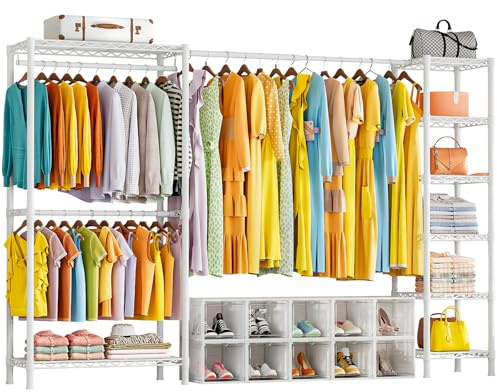 KZOBYD Extendable Clothes Rails, Coat Rails Coat Racks for Hanging Clothes | Length 72-96.6 inch, 8 Height Adjustable Shelves, Metal Heavy Duty Clothing Garment Rack, for Closet Wardrobe Bedroom