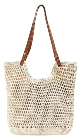 XFSRG Bolso de Hombro de Paja Boho Chic Mujer Bolso de Playa Verano con Correas de Cuero Bolsa de Mano Tejida para Mujer Ideal para Vacaciones y Uso Diario (blanco roto)